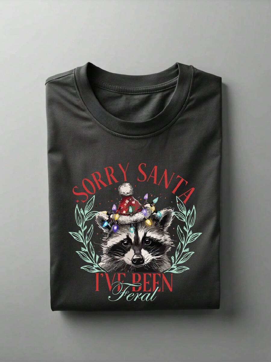 Sorry Santa I've Been Feral Shirt, Christmas Lights Raccoon T-Shirt, Funny Christmas Season Tee, Retro Holiday Animal Gift Tee. UA-518 - 黑色 - 查看 1