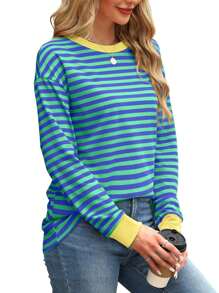 Women's Loose Long Sleeve Striped Round Neck Top - Màu xanh lam - Xem 4