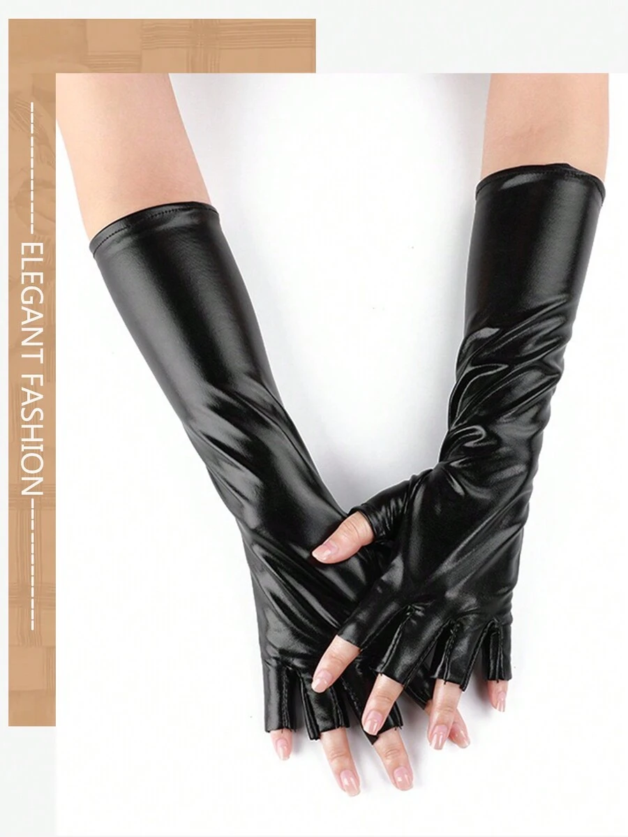 1 Pair Sexy Fingerless Lacquered Leather Tight Cosplay Party Extra Long