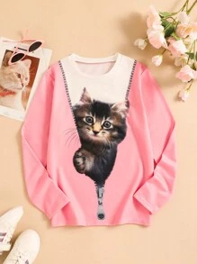 Tween Girl 纯色拼布长袖猫咪印花休闲 T 恤 - 粉色 - 查看 1