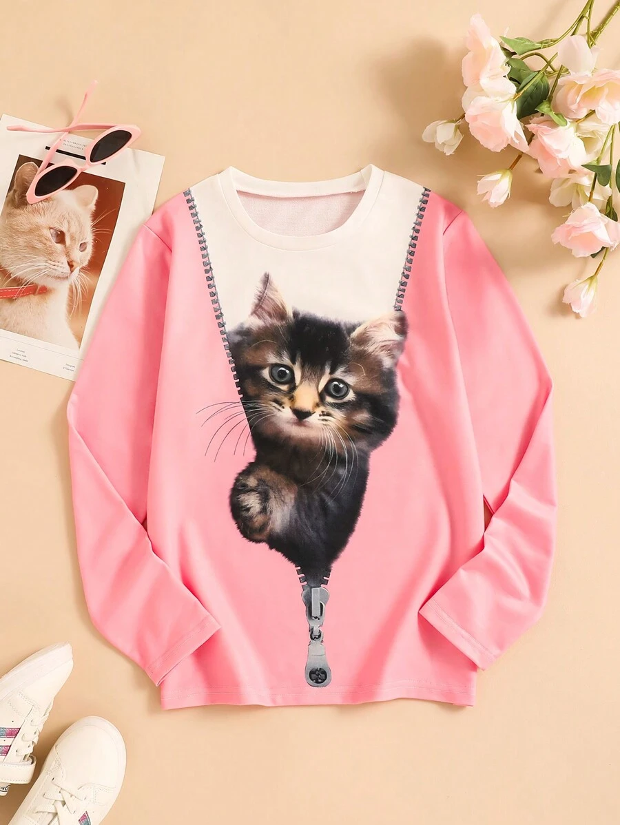 Tween Girl 纯色拼布长袖猫咪印花休闲 T 恤 - 粉色 - 查看 1