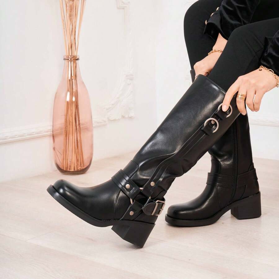 女士时尚百搭简约粗跟中筒靴 - 黑色9639 - 查看 1