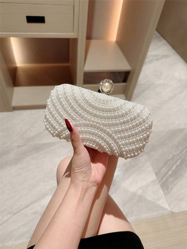 1pc Elegant Faux Pearl Box Shape Evening Clutch Bag, White Romantic Wedding Party Purse Luxury Rhinestone Decor Evening Gown Bag, Formal Party Crossbody Chain Bag, Perfectly Matching With New Years Outfit, Excellently Matching With Party Dresses For Women, Tready Party Bags,Perfect For Party, Wedding, Prom, Dinner/Banquet, Essential Wedding Items,Perfectly Matching With Graduation Dress, Prom Dresses, Perfectly Matching With Prom Dresses For Women, Prom Accessories,Sequin Dress Women,Sparkly Dress,Elegant Dresses For Women, Elegant Pearl Bag