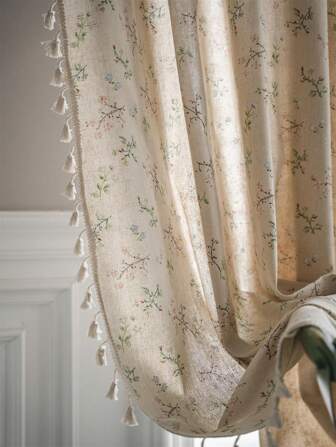  Tokoto 1 件 Ditsy 花卉遮光窗帘，波西米亚风格手工亚麻窗帘，带米色流苏，适用于卧室、婚礼、酒店、厨房、餐厅、客厅、派对、节日装饰，所有季节