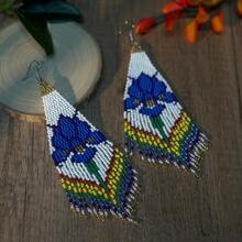 AHAYA 官方原创蓝花串珠耳环，波西米亚风格种子珠流苏耳环，手工玻璃珠吊坠耳环，时尚女士耳环，适合日常佩戴，女孩节日礼物 - 藍色花朵 - 查看 5