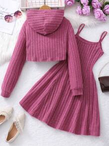 2 件套青少年女孩休闲时尚优雅上衣和连衣裙套装，秋冬 - 玫紅色 - 查看 2