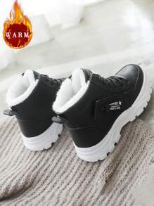 1双女士白色休闲户外雪地靴，圆头，系带，皮革鞋面带保暖内衬，适合秋冬季穿着 - 黑色 - 查看 16