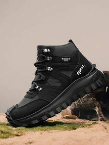 男士秋冬新款防滑耐磨厚底徒步潮流鞋，青少年户外运动高帮休闲运动鞋 - 黑色 - 查看 3