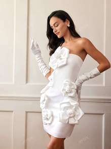 Romantic Floral Embellished Backless Bustier Dress, Elegant French Style, Suitable For Valentine's Day, Spring/Summer, Party Dress, Wedding Guest Dress, Prom Dress