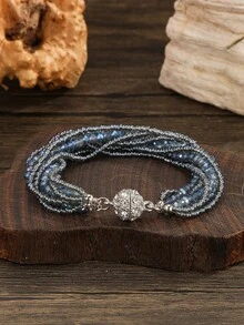 手工串珠手链，波西米亚风格度假时尚多层磁性可调节堆叠手链，适合女士和情侣 - 藏蓝色 - 查看 2