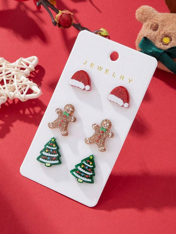 Set de 3 pares de aretes tipo piercing con diseños de sombrero de Papá Noel, hombre de pan de jengibre y árbol de Navidad, joyas navideñas coloridas para mujer, regalo perfecto para fiestas navideñas
