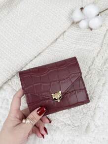 Cartera pequeña con solapa con estampado de cocodrilo, bolsillo para monedas, ventana para ID, billetera plegable para mujer, con grabado de dinero, ID minimalista, de moda, moderna, de negocios, para aniversario, para Navidad, para el Día de San Valentín, para regalo de cumpleaños, para regalo, para mujeres, para niñas, para señoras, para femenino, útiles escolares para la escuela, dormitorio y vuelta al cole - Burdeos - Ver 3