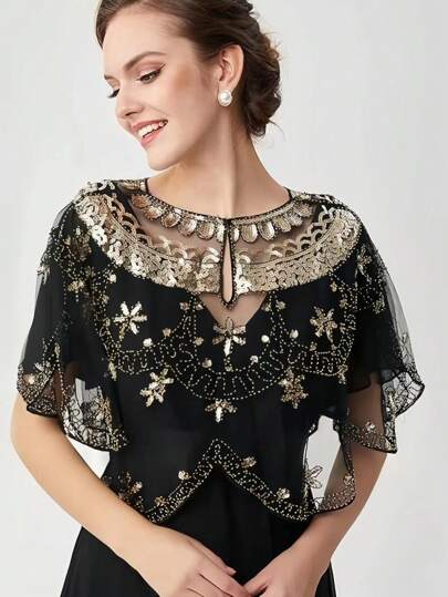 1920s Sequins Flower Embroidered Flapper Shawl Vintage Thin Breathable Cape Evening Dress Shawl For Women Black-Gold