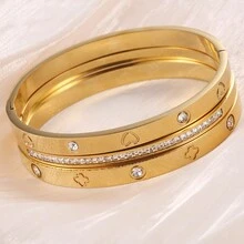 Bộ 3 chiếc/bộ vòng tay thép không gỉ cổ điển, vòng tay đính đá Rhinestone, mạ vàng, trang sức không gây dị ứng cho phụ nữ - Vòng đeo tay có thể mở được - Xem 5
