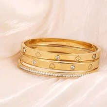 Bộ 3 chiếc/bộ vòng tay thép không gỉ cổ điển, vòng tay đính đá Rhinestone, mạ vàng, trang sức không gây dị ứng cho phụ nữ - Vòng đeo tay có thể mở được - Xem 7