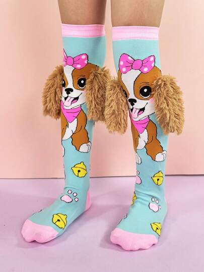 A Pair Of Children's Knee-High Socks With 3D Puppy Pattern And Ear Decorations.Kids Socks .Children's Socks. Funny Socks, Perfect For Autumn And Winter Wear. They Are An Ideal Choice For Festivals, New Year Celebrations, Outdoor Activities, Cosplay, Daily Wear, Parties, And Holiday Gifts.