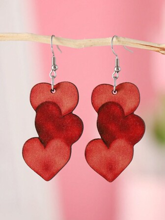 女士复古心形木质双面吊坠耳环，情人节耳环