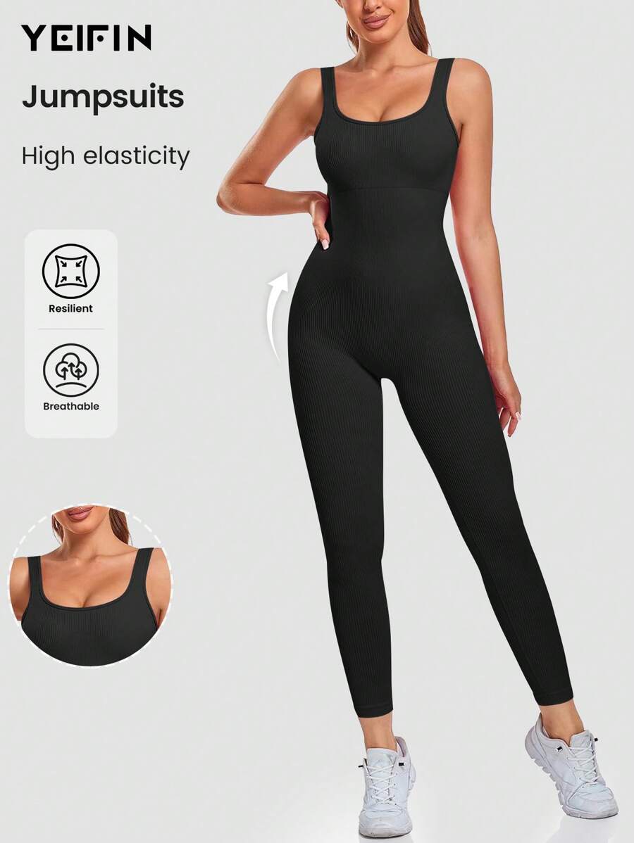 YEIFIN Bộ đồ tập yoga liền thân co giãn cao màu trơn có gân phong cách xuân hè định hình cơ thể - màu đen - Xem 1