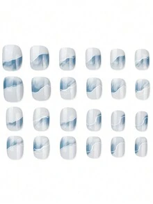Bộ 24 móng giả ngắn hình vuông, họa tiết mây, nhuộm tie-dye màu xanh dương trang nhã, phù hợp cho phụ nữ và bé gái, sử dụng hàng ngày, có thể tái sử dụng và không làm hư hại móng thật. - Màu xanh lam - Xem 8