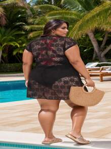 Plus Size Beach Cover-Up With Drawstring At The Waist, Beach Sarong All In Fishnet Lace, Closed At The Front, Short Sleeves, Large Size From 46 To 60 - Black - View 2