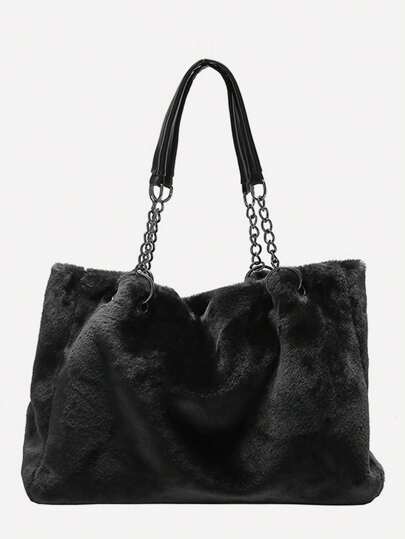 1 Pc Solid Color Large Capacity Plush Tote Bag Soft Faux Fur, Fashion Chain Shoulder Strap Shoulder Bag, Spacious Interior, Women's Fluffy Handbag , Stylish Accessory - Zipper Closure, For Lady /Girls/Students, Perfect For Winter/Travel/Shopping/Daily Use