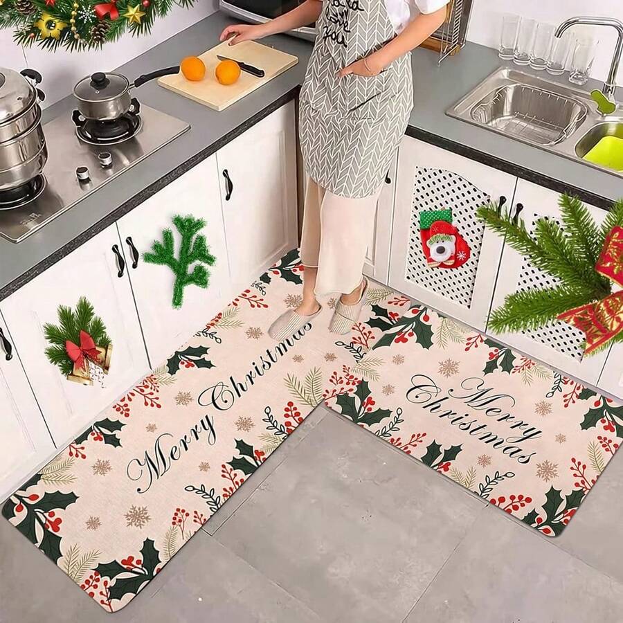 Bộ 1/2 thảm trải sàn nhà bếp chủ đề Giáng sinh, thảm họa tiết cây thông Noel cổ điển, thảm ván gỗ, thảm kẻ caro kiểu Buffalo, tạo không khí Giáng sinh, chống bẩn và chống trơn trượt, mềm mại và thoải mái, dễ vệ sinh, phù hợp cho phòng ngủ, phòng khách, phòng ăn, nhà bếp, phòng tắm, lối vào, trang trí Giáng sinh, đồ dùng cho tiệc Giáng sinh. - Nhiều màu - Xem 1
