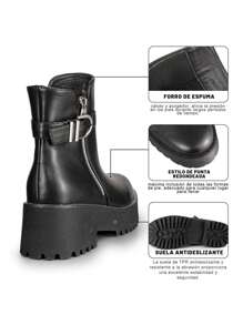 Weide Botines Negros para Mujer -Botas de Mujer Negras de Dedo Redondo con Tacón Alto Grueso - Elegantes Botas Chelsea con Hebilla Metálica y Forro de Esponja para Ocio y Actividades al Aire Libre