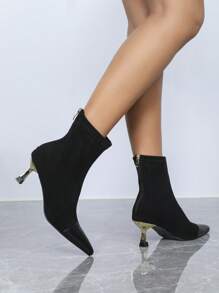 Women's Fashionable High Heel Ankle Boots, Party Style, Black Mid-Calf Boots, Zip Closure, High Heels & Pointed Toe, Suitable For Dating, Everyday Wear & All Occasions Like Halloween, Christmas, Disco Party