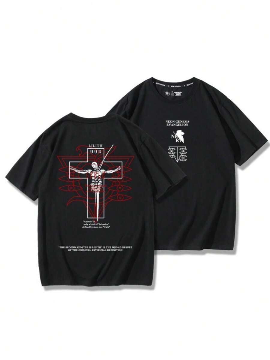 Unisex Japanese Anime T-Shirt Evangellion Lilith All Black All White Cartoon T-Shirt Unisex Men Women 100% Cotton Top Premium Streetwear New Release Fast Shipping Various Colors!! Plus Size - màu đen - Xem 1