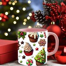 1 件 11 盎司陶瓷杯，印有圣诞冰淇淋图案，卡通姜饼人元素圣诞水杯，带吸管，适合户外旅行露营车用咖啡杯，适合送给家人朋友、生日节日派对的礼物 - 彩色 - 查看 6