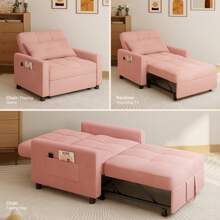 Bealife 3 In 1 Adjustable Sleeper Sofa Chair Bed, Pull Out Sleeper Bed, Adjustable Backrest Recliner, Convertible Folding Lounge Sofa, Suitable For Living Room, Bedroom, Office And Other Small Spaces - Pink - View 3