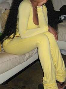 WOWDARK Women's Fashion Square Neck Fitted Casual Cropped Top And Long Pants Set, Autumn