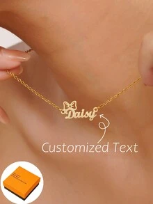 1 件不锈钢项链定制电镀蝴蝶结吊坠可定制名字简约日常风格，产品包括礼品盒、情人节礼物、生日礼物、母亲节礼物、日常礼物 - 彩色 - 查看 1