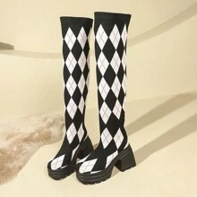 1 Đôi bốt cao đến đầu gối thời trang giản dị mũi vuông đế dày lót thoải mái co giãn đa năng họa tiết kẻ caro đen trắng, sọc đen đỏ dành cho nữ - màu đen - Xem 5