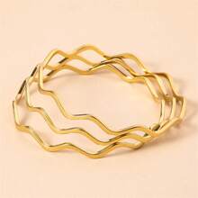 3 piezas Brazaletes apilables con baño de acero inoxidable, diseño de onda de moda para hombres y mujeres, adecuados para uso diario y fiestas - Juego de 3 pulseras de ondas. - View 9