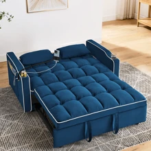 Pull Out Sofa Bed With Phone Holder, Convertible Velvet Loveseat Sleeper With 2 USB Charging Ports, Modern Futon Couch With Cup Holders And Adjustable Backrest, Small Love Seat For Living Room - 藍色 - 查看 3