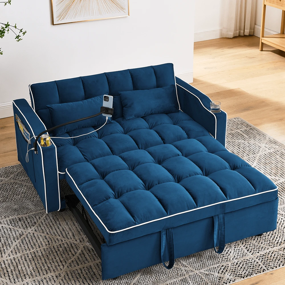 Pull Out Sofa Bed With Phone Holder, Convertible Velvet Loveseat Sleeper With 2 USB Charging Ports, Modern Futon Couch With Cup Holders And Adjustable Backrest, Small Love Seat For Living Room - 藍色 - 查看 1
