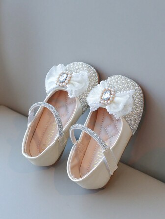 1 par Zapatos planos para niñas con diseño de perlas, 2025 nuevo diseño, suela suave, antideslizante, diseño de para facilitar el uso