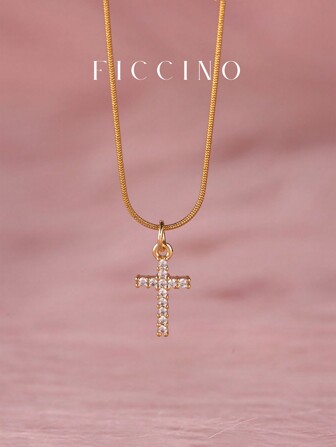  FICCINO Mini Cross Cubic Zirconia dekorerat hängehalsband med justerbar guldfärgad kedja, titanstål smyckesset, julklapp med ask