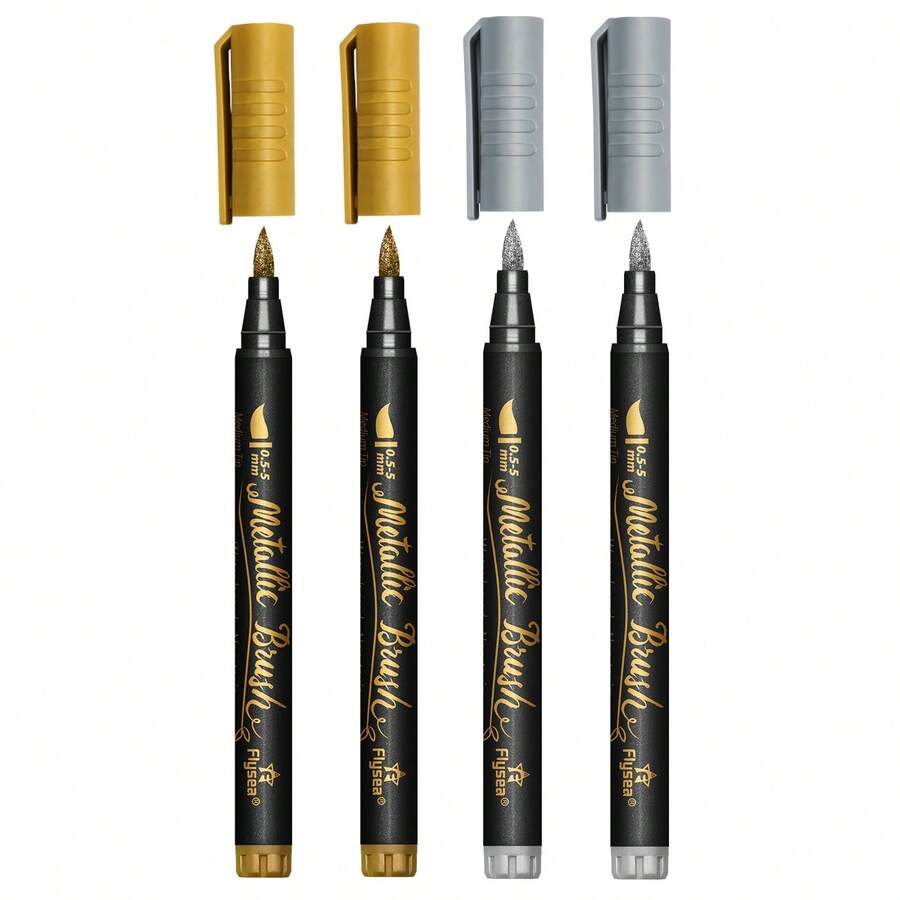4 Packs Gold Silver Brush Metallic Marker Pens, Permanent Metallic Art
