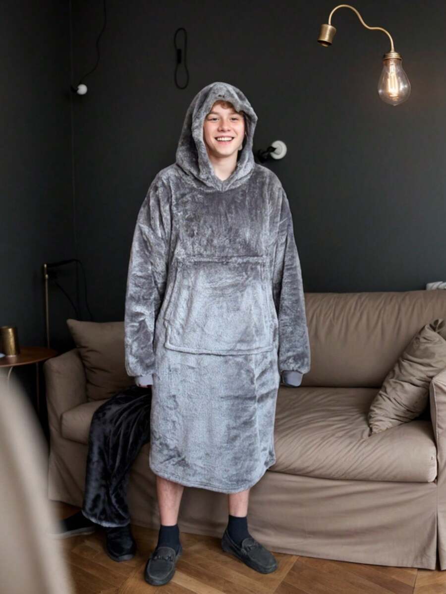 1 chiếc chăn lông cừu mặc khi xem TV, áo choàng trùm đầu Sherpa cỡ lớn, mềm mại và ấm áp khi xem TV, chơi game, đọc sách, ngủ trưa, cắm trại hoặc các hoạt động ngoài trời khác, ấm áp cho mùa đông - Xám - Xem 1