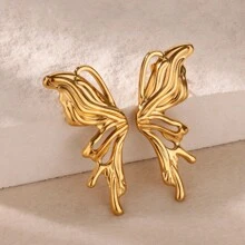 一对18K镀金不锈钢蝴蝶水滴耳环，时尚复古风格，独特，适合日常佩戴 - 金黃色 - 查看 17