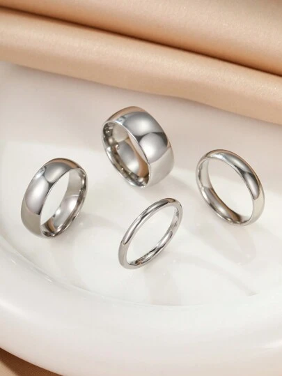 Set de 4 anillos lisos y elegantes de acero inoxidable plateado, adecuados tanto para hombres como para mujeres, ideales para decoración diaria neutra o como regalo