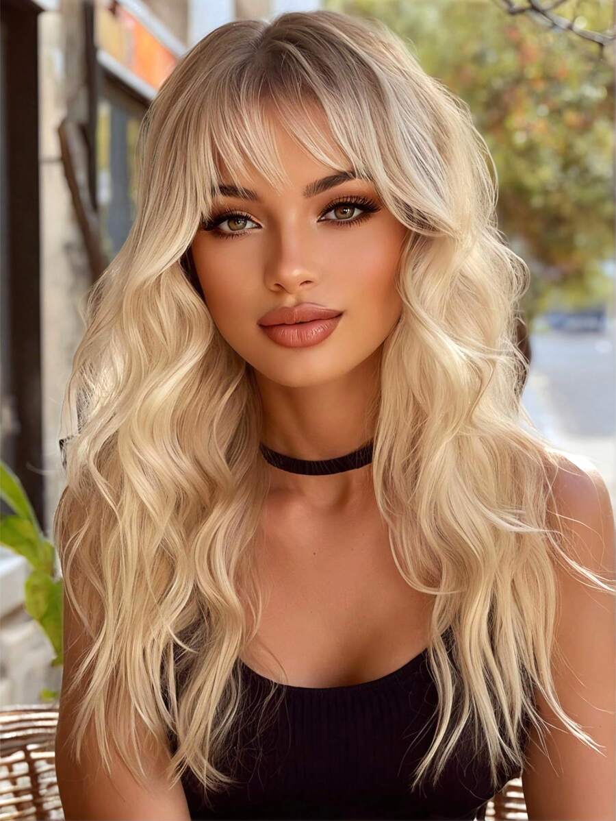 22 Inch Long Curly Hair Wigs With Bangs Wigs Nature And Soft Synthetic Fiber Hair Replacement Wigs For Women For Daily Party Use - Ombre - View 1