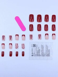 圣诞节 24 件装，长方形圆形假指甲，指甲上全是圣诞树和雪花，红白线条覆盖指甲，指甲上全是红色亮片，1 个指甲锉和 1 个指甲胶贴纸套装，适合女孩、母亲、女士的礼物，美白指甲套装，带可拆卸假指甲，适合节日、派对、约会和日常佩戴 - 紅色 - 查看 3