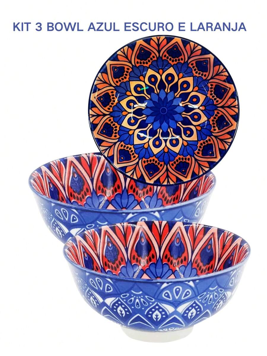 Mini Moroccan Bowl Ceramic Printed Ø12cm 300ml - Pracaza - 套件 3 深藍色和橙色碗 - 查看 1