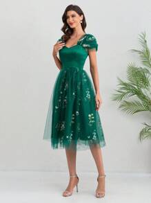 Đầm dạ hội in hoa cổ điển, đầm dạ hội thêu hoa, đầm voan dự tiệc trang trọng, thích hợp cho sinh nhật, đám cưới, lễ tốt nghiệp, tiệc tối, lễ hội và các dịp khác. - Màu xanh lá cây đậm - Xem 1