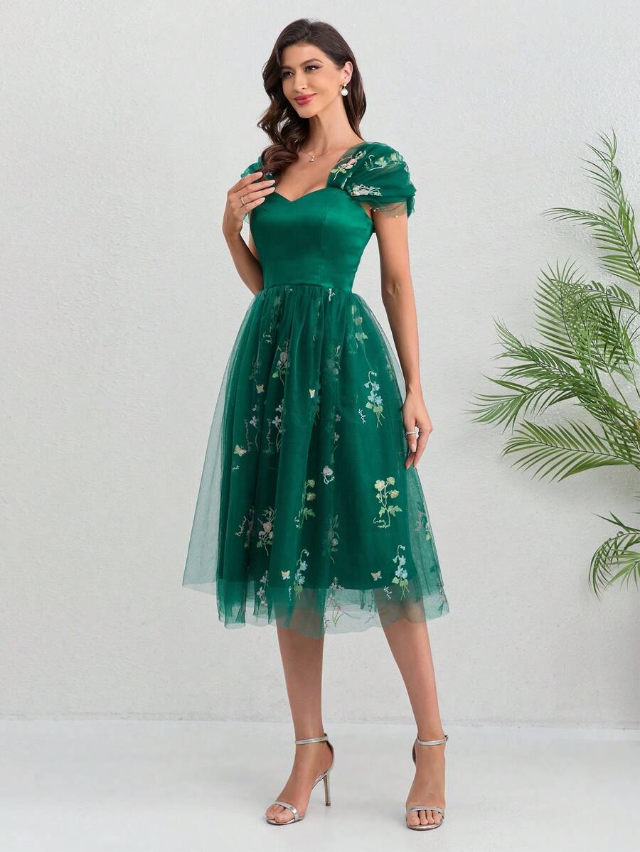 Đầm dạ hội in hoa cổ điển, đầm dạ hội thêu hoa, đầm voan dự tiệc trang trọng, thích hợp cho sinh nhật, đám cưới, lễ tốt nghiệp, tiệc tối, lễ hội và các dịp khác. - Màu xanh lá cây đậm - Xem 1