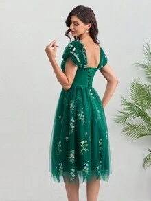 Đầm dạ hội in hoa cổ điển, đầm dạ hội thêu hoa, đầm voan dự tiệc trang trọng, thích hợp cho sinh nhật, đám cưới, lễ tốt nghiệp, tiệc tối, lễ hội và các dịp khác. - Màu xanh lá cây đậm - Xem 2