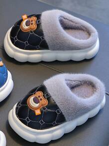 儿童毛茸茸卡通熊装饰 PU 皮革防水内衬防滑拖鞋，厚软底，适合冬季，适合亲子 - 黑色 - 查看 3